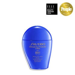 A  closed, blue bottle of Shiseido Ultimate Sun Protector Lotion 50mL, labeled with the Shiseido logo, product name, and the SPF level (60+). The label also indicates that the product is broad spectrum and water resistant for up to 80 minutes. 