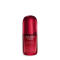 A red, cylindrical bottle of Shiseido Ultimune Power Infusing Serum. The text on the bottle says the title in both English and French,.