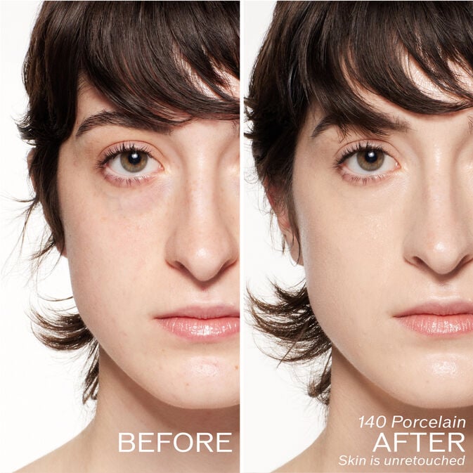 Two photos of a model. The first is a before shot, and the second is after using 140 Porcelain. Skin is unretouched.