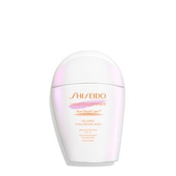 A  closed, rounded white bottle of Shiseido Urban Environment Oil-Free Sunscreen SPF 42 50mL against a white background. The label includes the product name, as well as describing that it is oil-free, contains hyaluronic acid, is a broad spectrum product, and is water resistant up to 40 minutes. The image also states that this product is recommended for daily use by the Skin Cancer Foundation, and it is also a US Winner for Marie Claire&rsquo;s Prix D&rsquo;Excellence De La Beaut&eacute; 2023.  
